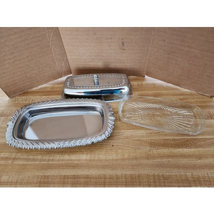 Vintage Irvinware Metal & Glass Cover Butter Dish
