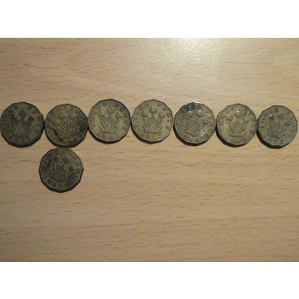 8 George VI Brass Threepence Coins. 1937, 1940 to 1945 & 1952