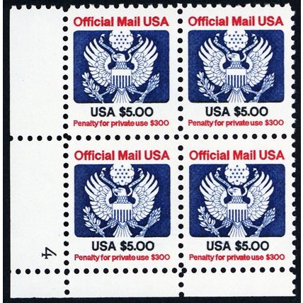 O133, Mint VF NH $5 Official Plate Block - Stuart Katz