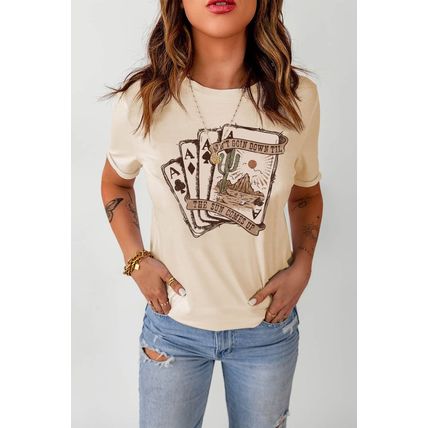 Khaki Western Poker Cards Graphic Print Short Sleeve T Shirt