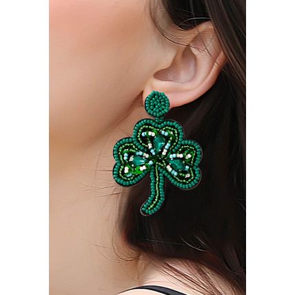 Blackish Green St Patrick Shamrock Rice Beaded Stud Earrings