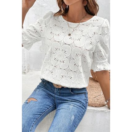 White Flower Eyelet Jacquard Keyhole Flounce Sleeve Top