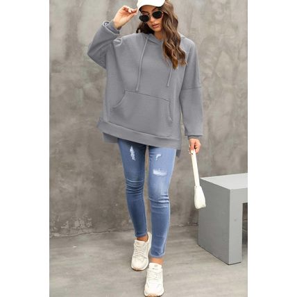 Gray Waffle Knit Fleece Lined High Low Oversized Hoodie