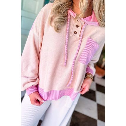 Pink Corded Colorblock Patchwork Plus Size Hoodie