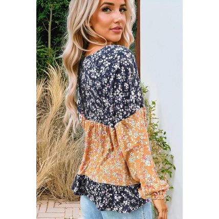 Blue Floral Color Block Patchwork Ruffled Hem Round Neck Blouse