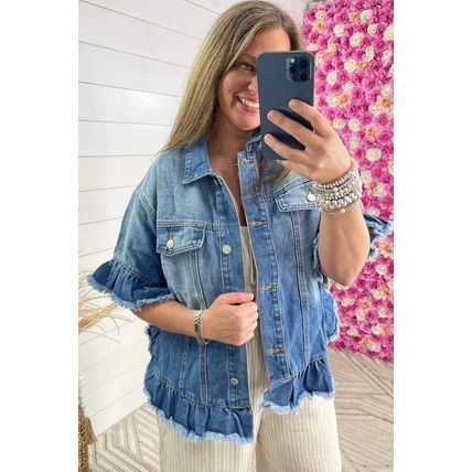 Peacock Blue Ruffled Frayed Short Sleeve Plus Size Denim Jacket
