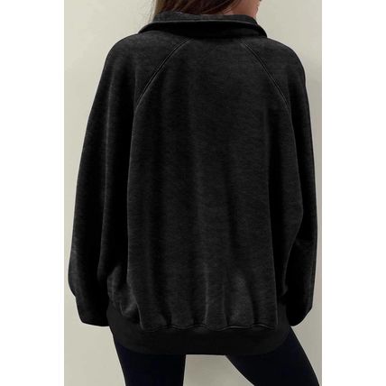 Black Solid Snap Buttons Collared Balloon Sleeve Oversized Sweatshirt