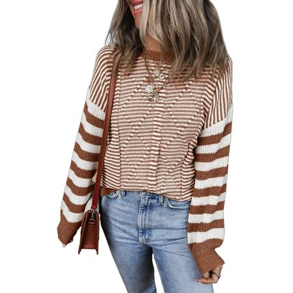 Brown Stripe Geometric Textured Drop Shoulder Sweater