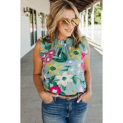 Green Floral Print Ruffle Trim Tank Top