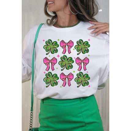 White St Patrick Shamrock Bowknot Printed Crewneck Tee