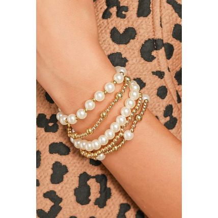 Gold Cross Pearls Decor Plated Beaded Multi Layer Bracelets