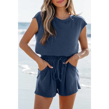 Ashleigh Blue Knit Open Back Cap Sleeve Drawstring Romper