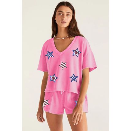 Bonbon Sequin American Flag Star Patch V Neck Tee and Short Set