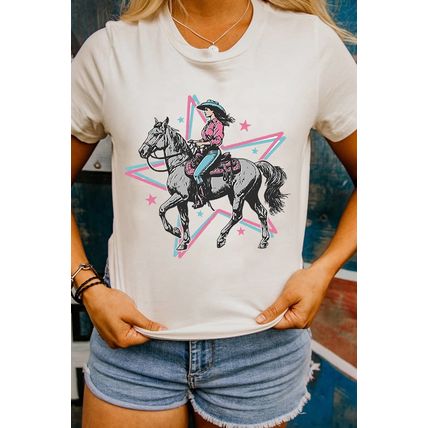 White Star Cowgirl Graphic Round Neck T Shirt