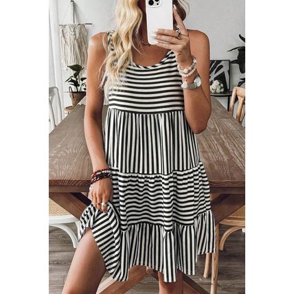 Black Stripe U Neck Sleeveless Loose Fit Mini Dress