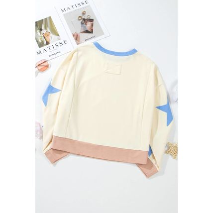 Beige Game Day Graphic Starry Patched Sleeve Contrast Trim Casual Sweatshirt
