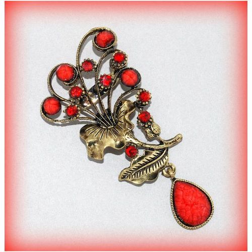 Bright Red Crystal Floral Bronze Brooch Jumper Clasp Pin Jewellery 1443