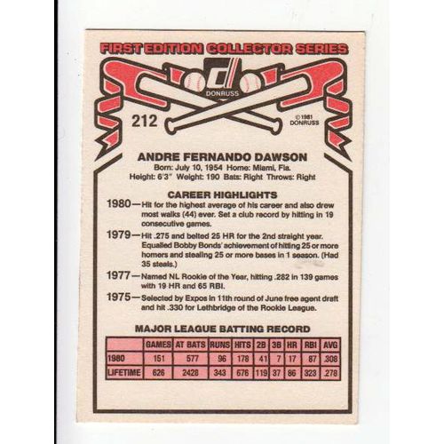 1981 Donruss Andre Dawson baseball card #212-NM-HOF- Expos