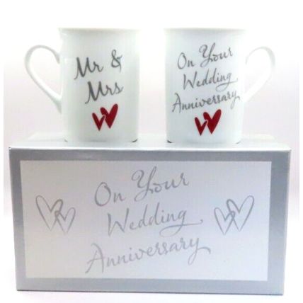 On Your Wedding Anniversary Day Mugs Fine China Ceramic Boxed Set of Two Gift