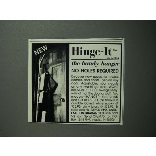1989 Hinge-It Hanger Ad - Hinge-it the handy hanger no holes required