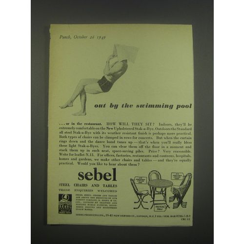 1949 Sebel Stak-a-Bye Chairs and Tables Ad - out by the swimming pool