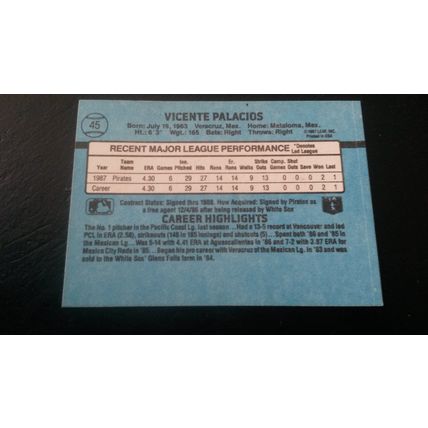 1988 Donruss Card # 045 Vicente Palacios Rated Rookie VG (3) Pittsburgh Pirates