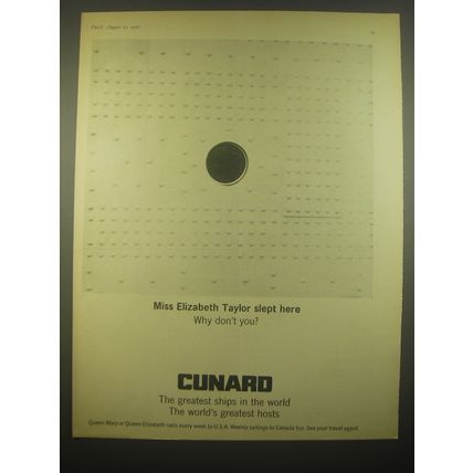 1966 Cunard Cruise Ad - Miss Elizabeth Taylor slept here why don't you?
