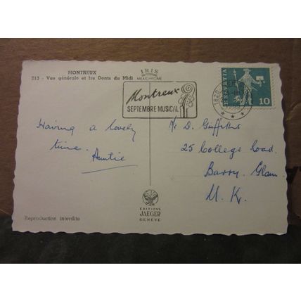 MONTREUX, SWITZERLAND used vintage postcard 1965 pm =