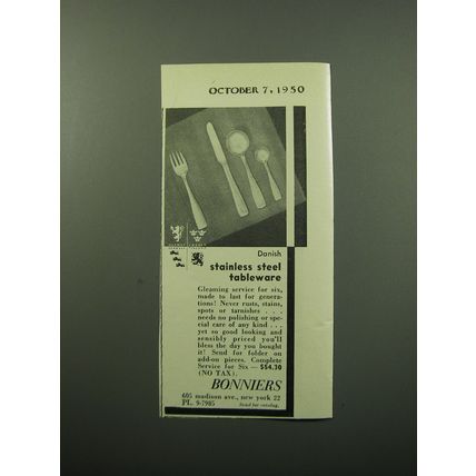 1950 Bonniers Tableware Ad - Danish Stainless Steel Tableware