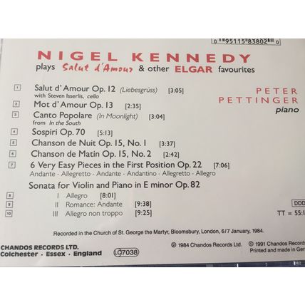 Nigel Kennedy plays Salut d'Amour & other Elgar Favourites (1991 10-Track CD)