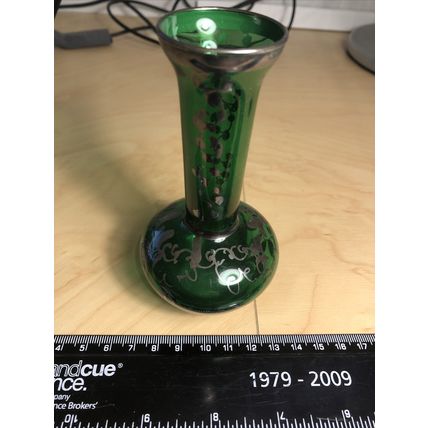 Small Emerald Green Vase With Silver Hand Painted Overlay. Vintage