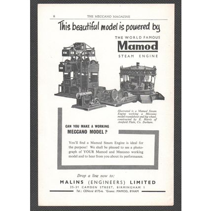MAMOD STEAM ENGINE MALINS LTD of BIRMINGHAM :- Original Vintage 1960 Advert