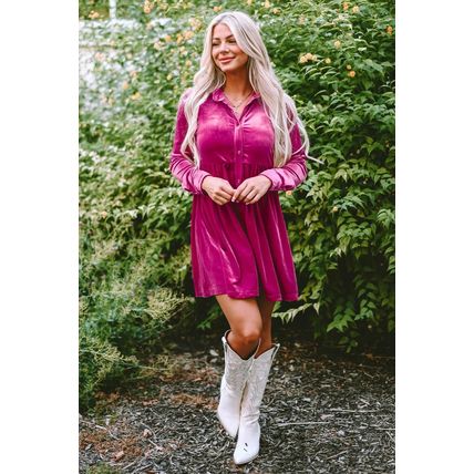 Rose Long Sleeve Ruffle Velvet Button Up Dress