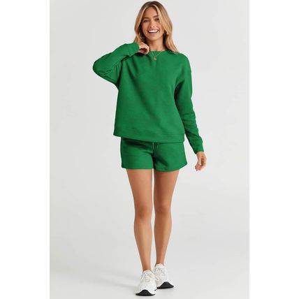 Green Textured Long Sleeve Top and Drawstring Shorts Set
