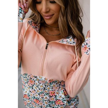 Pink Floral Patch Half Zip Kangaroo Pocket Hoodie