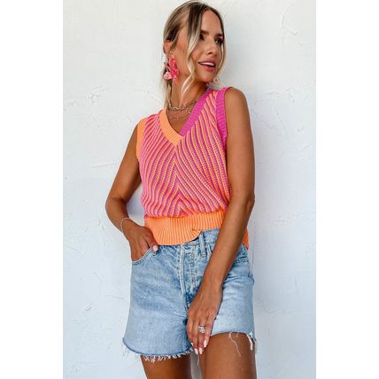 Strawberry Pink Contrast Chevron Knit V Neck Sweater Vest