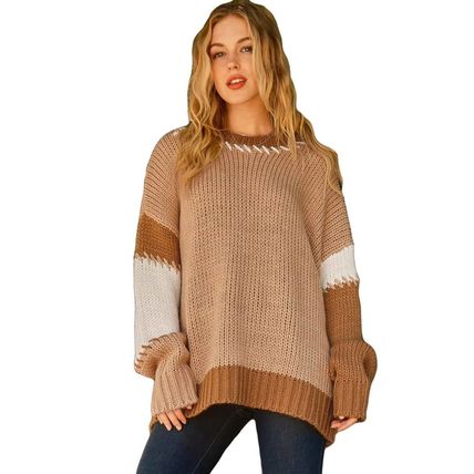Light French Beige Color Block Contrast Stitch Oversized Sweater