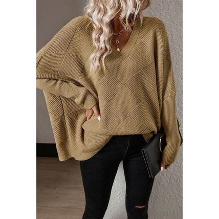 Camel Checkered Textured Batwing Sleeve Sweater