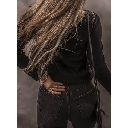 Black Buttoned V Neck Long Sleeve Ribbed Top