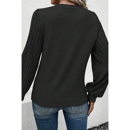 Black Contrast Ribbed Bishop Sleeve Top
