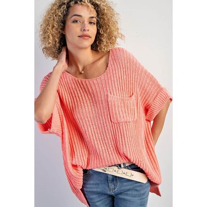 Fresh Salmon Rolled Cuffs Loose Knit Tee with Slits