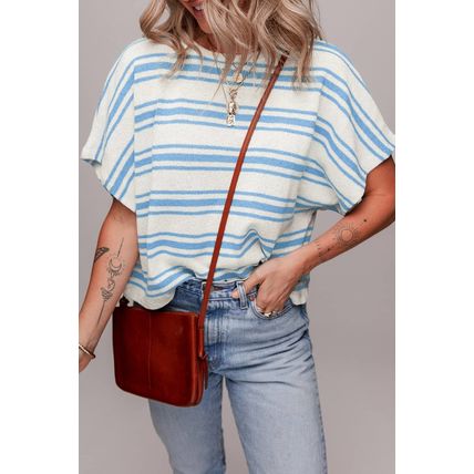 Sky Blue Stripe Boxy Fit Wide Sleeve Sweater T Shirt
