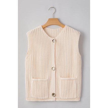 White Solid Textured Knit Side Pockets Buttoned Sweater Vest