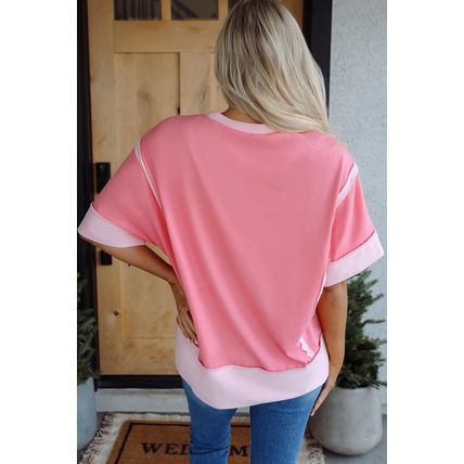 Peach Blossom USA Color Block High Low Crew Neck T Shirt