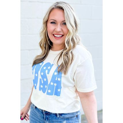 Sky Blue USA Graphic Crewneck Plus Size Patriotic Tee