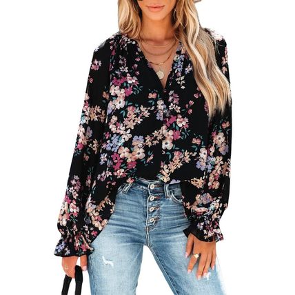 Black Wildflower Print Chiffon Blouse