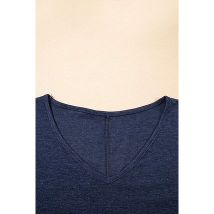 Sail Blue Solid Colour V-Neck Double Layer Sleeve Loose T-Shirt