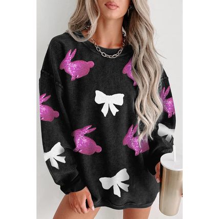Black Sequined Bunny Bow Easter Fashion Corded Sweatshirt