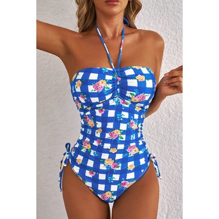 Blue Folk Gingham Halter Ruched Bodice Drawstring Ties One Piece Swimwear