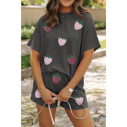 Carbon Grey Sequin Strawberry Patched Twist Ribbed Short 2pcs Outfit